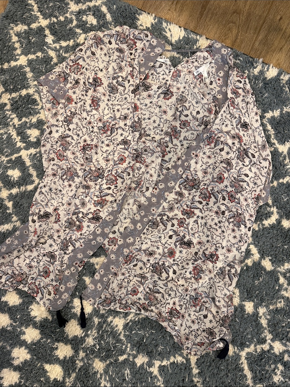 DR2 Floral Open-Front Kimono in Cream, Blue and Pink